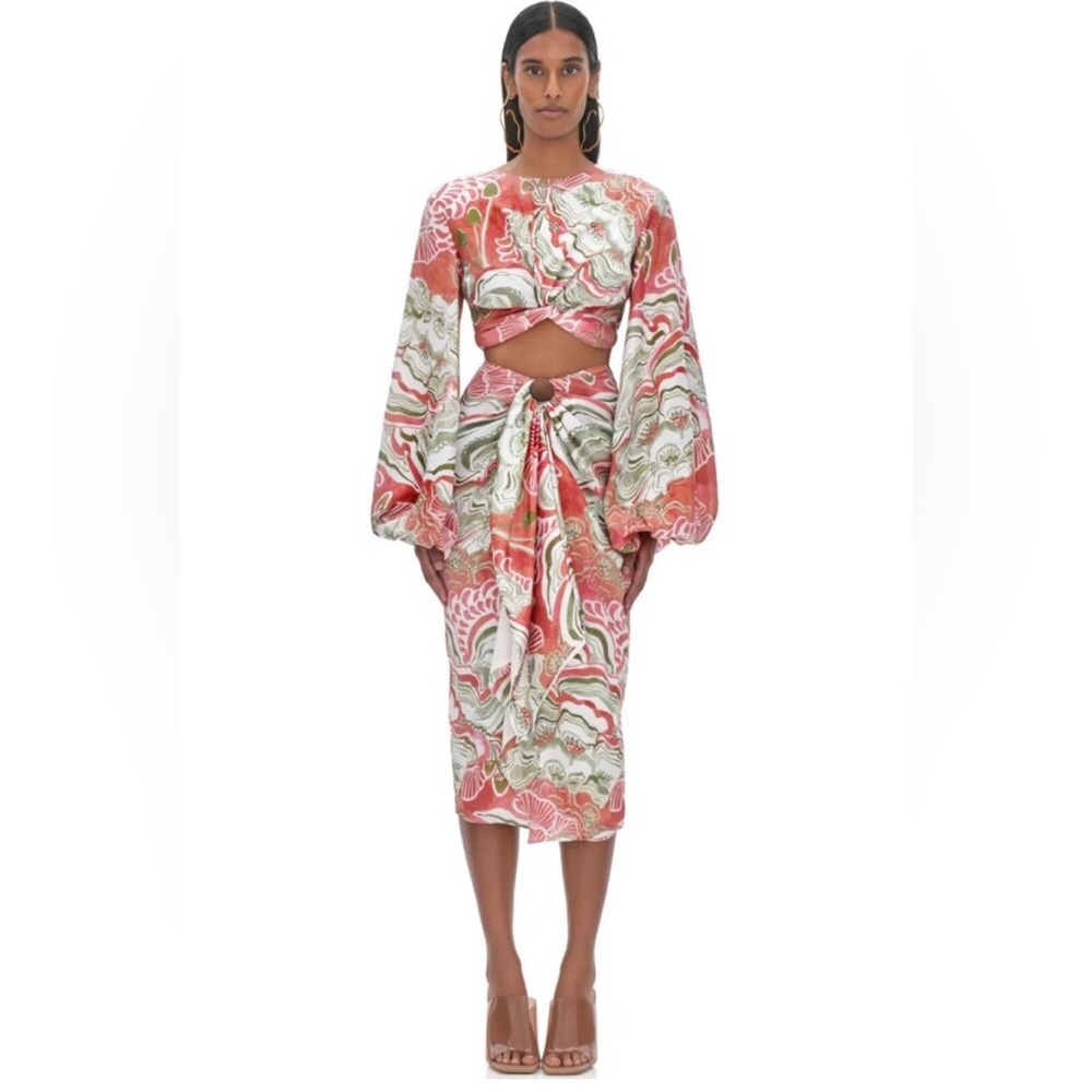 Tropical Coral & Green Two-Piece Cutout Satin Draped Set